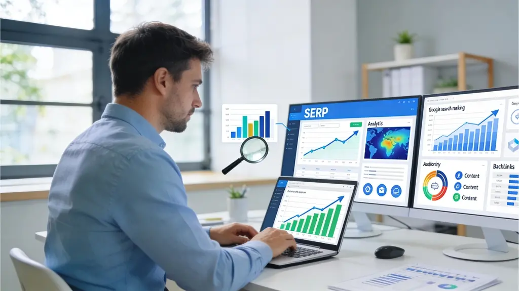 Consultor de SEO em ambiente profissional analisando gráficos de crescimento orgânico e métricas de palavras-chave em telas digitais.