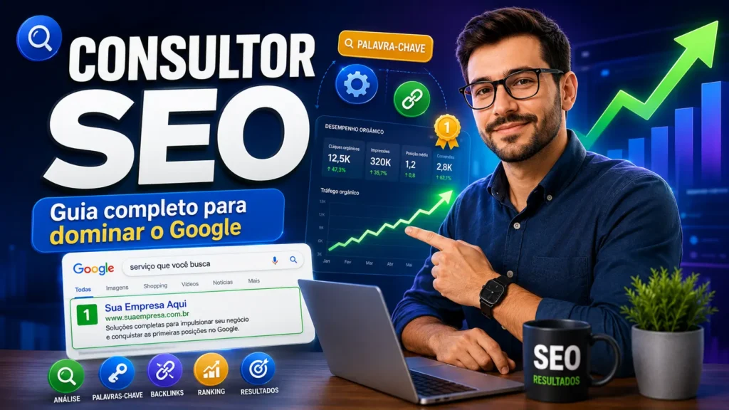 Consultor SEO analisando gráfico de crescimento de tráfego orgânico e ranking #1 no Google em dashboard de analytics.