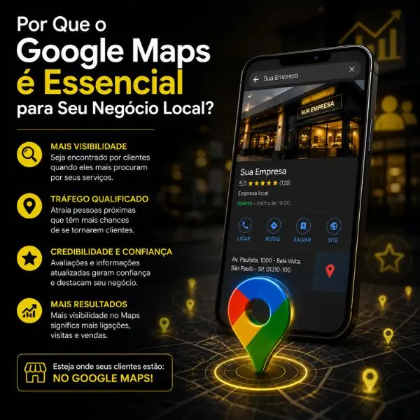 Smartphone exibindo perfil comercial no Google Maps ao lado de um marcador 3D do Google, com fundo escuro e detalhes em amarelo neon destacando benefícios para negócios locais.
