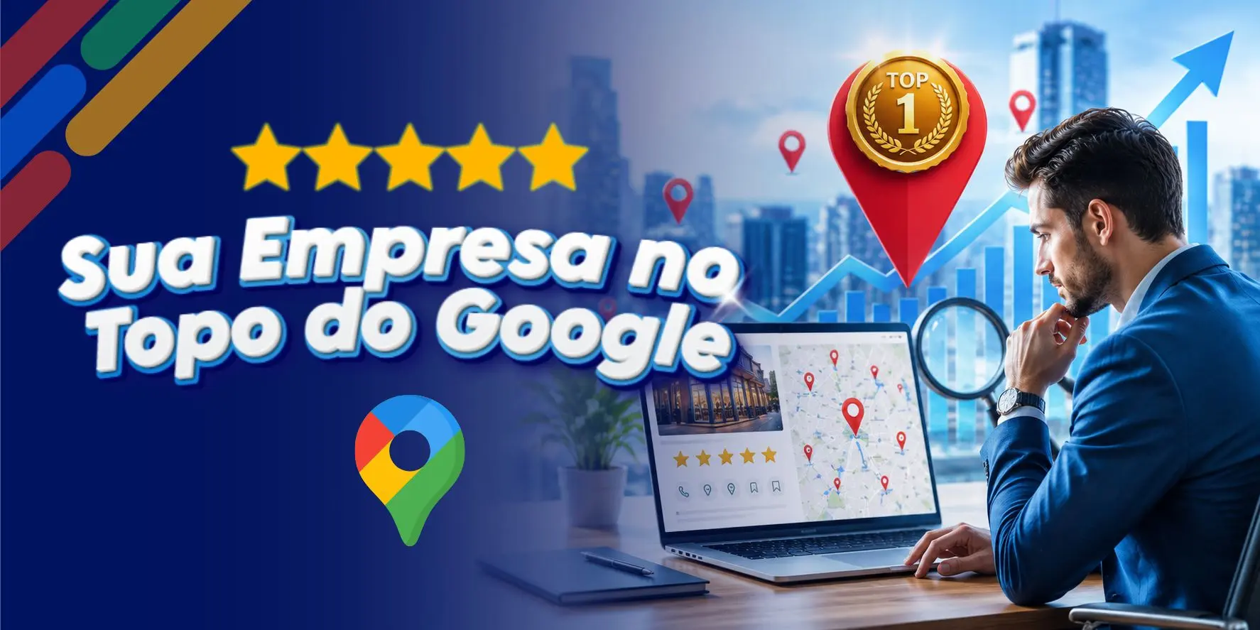 Especialista em Google Meu Negócio analisando estratégias de SEO local para melhorar o posicionamento de empresas no Google Maps e aumentar a visibilidade online.