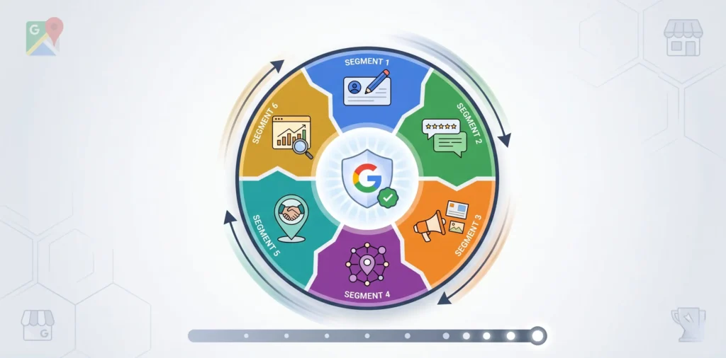 Flywheel com seis segmentos representando o ciclo contínuo de autoridade local: otimização, avaliações, postagens, citações, parcerias e análise no Google Perfil da Empresa