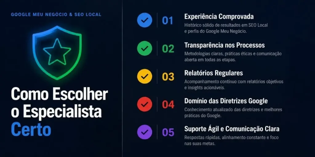 Checklist visual com os critérios para escolher um especialista ou agência de Google Meu Negócio: experiência comprovada, transparência, relatórios, conhecimento das diretrizes e suporte — Agência Temas Marketing Digital