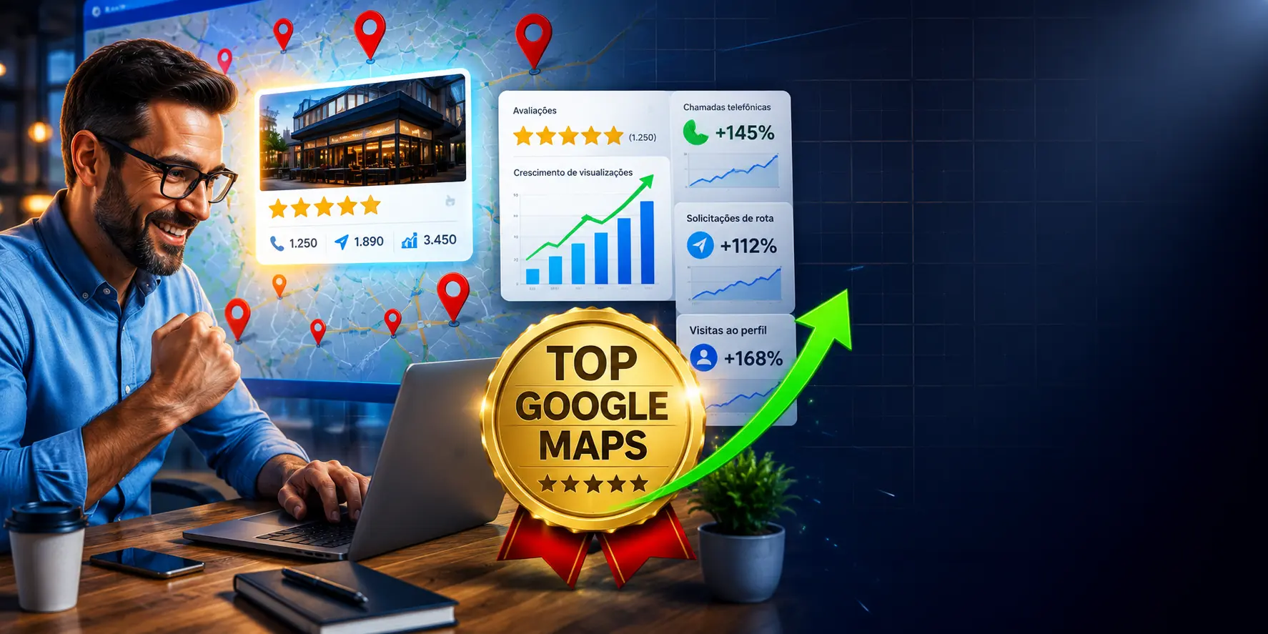 Especialista em Google Meu Negócio analisando presença local no Google Maps