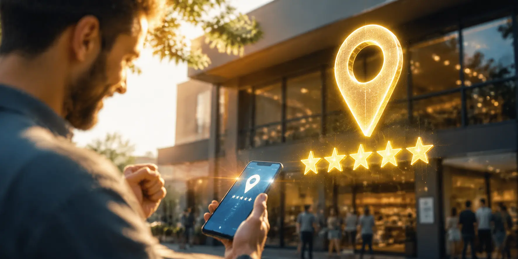 Ilustração realista de um mapa digital com um pin de localização brilhante e 5 estrelas, representando o aumento de clientes e o sucesso de um negócio local no Google Perfil da Empresa.