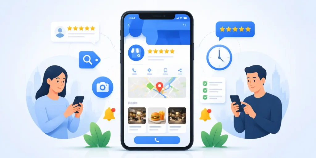 Smartphone exibindo Perfil da Empresa no Google com avaliações 5 estrelas, postagens e ícones de engajamento e otimização de SEO local