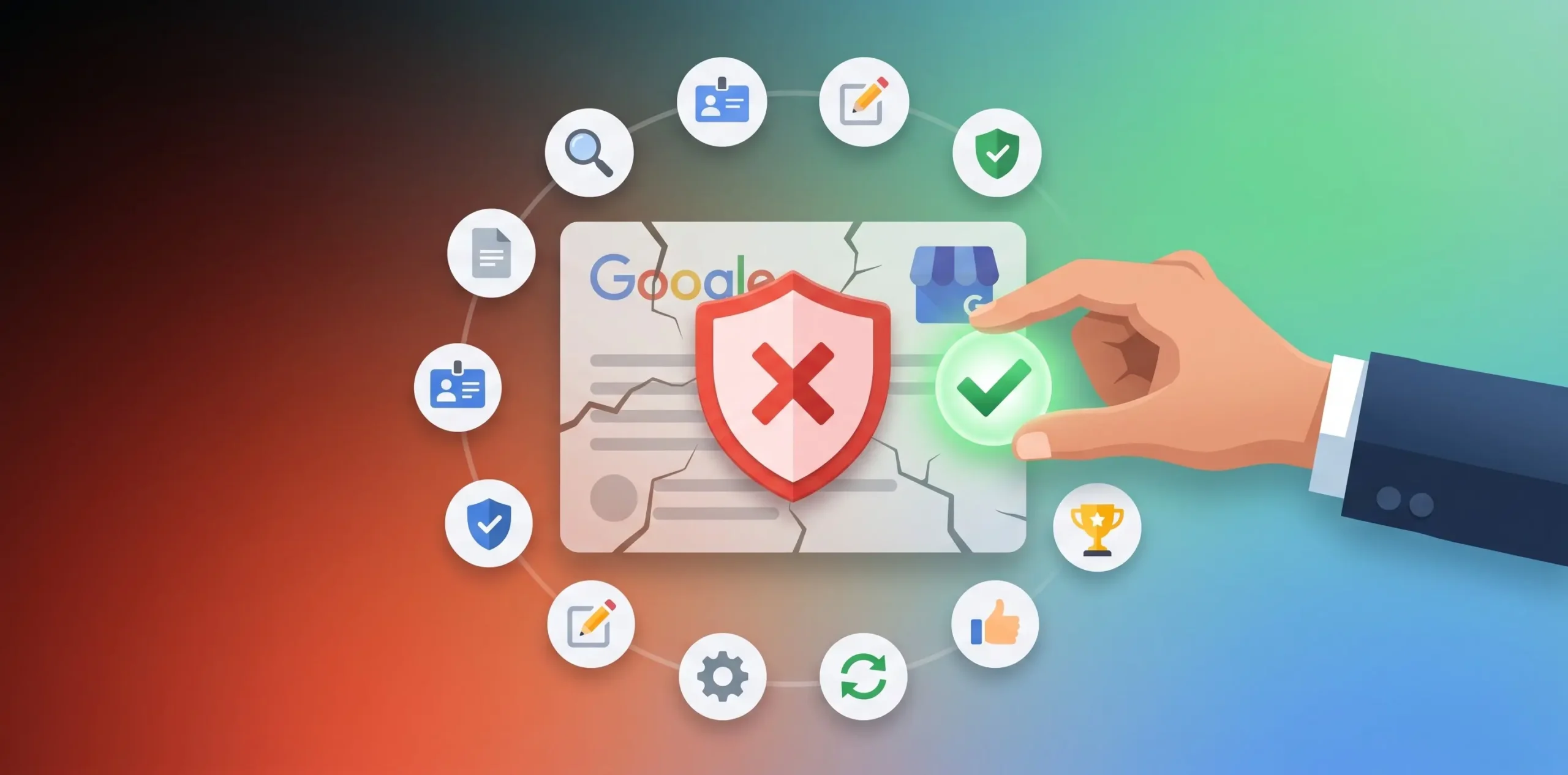 Ilustração de ficha suspensa do Google Perfil da Empresa sendo reativada com ícone de verificação verde e 10 passos de recuperação ao redor