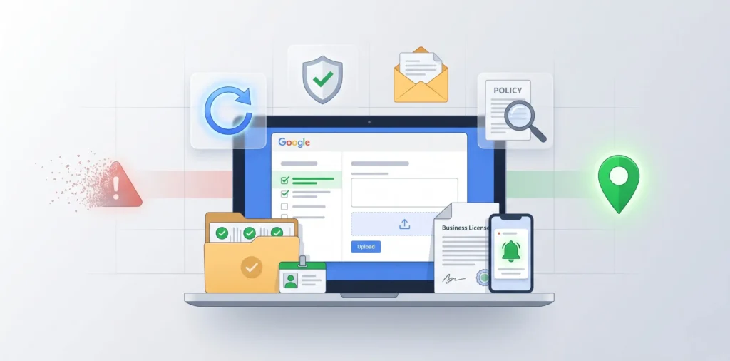 Laptop exibindo formulário de recurso do Google com documentos de verificação, checklist de reativação e ícones de recuperação de ficha suspensa