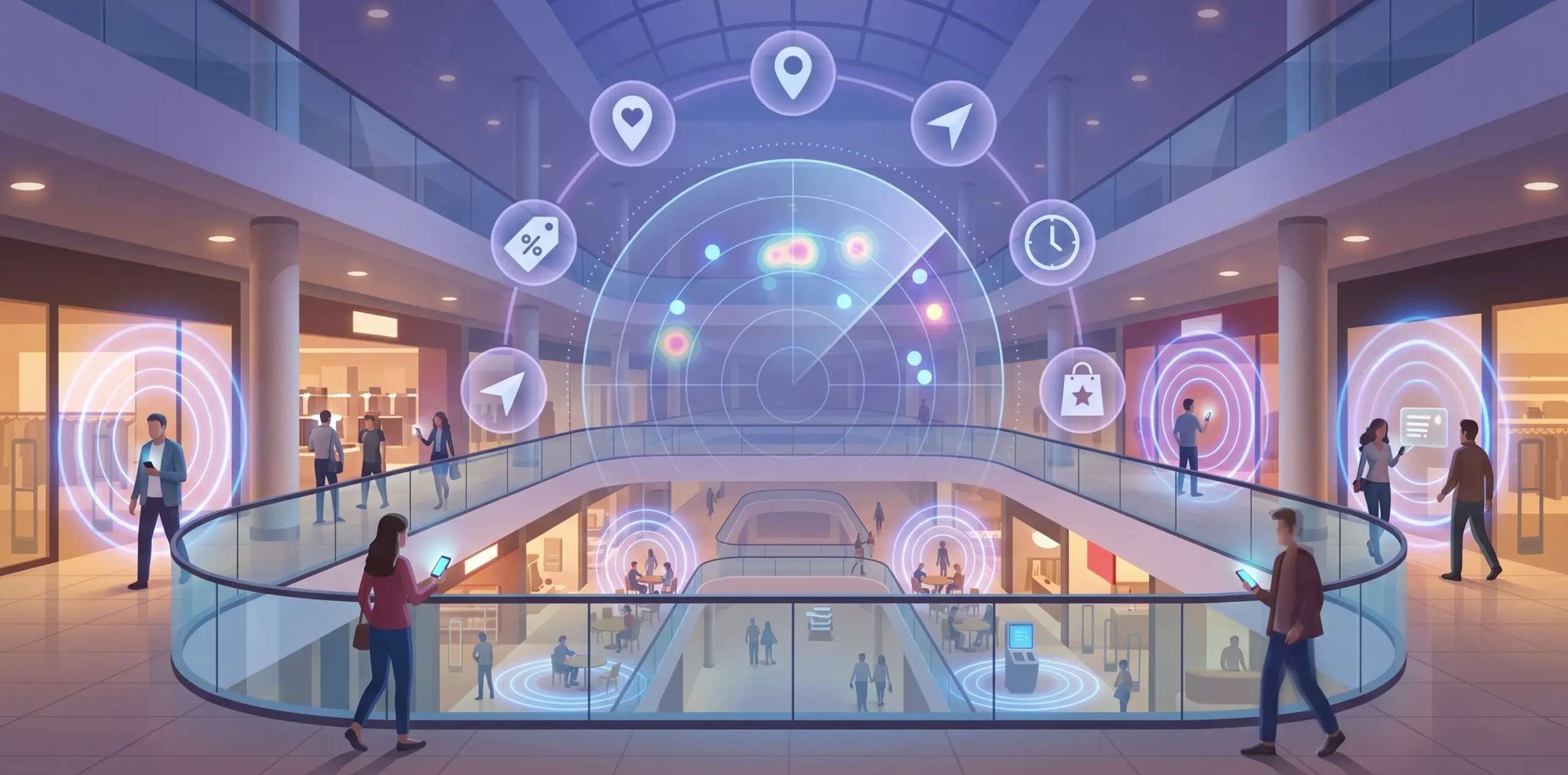 Interior de shopping center moderno com sinais de geolocalização, pulsos de beacon e clientes recebendo notificações personalizadas no smartphone