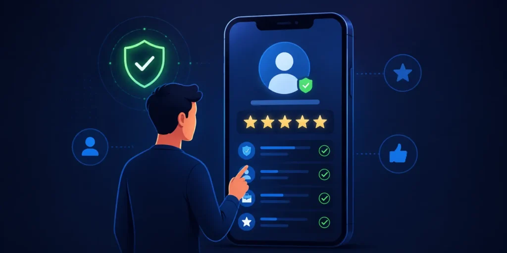 Pessoa conferindo perfil digital em smartphone com avaliação de 5 estrelas, estilo moderno e vetorial