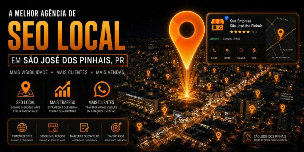 Ilustração representando uma agência de SEO Local em São José dos Pinhais com destaque para Google Maps, Google Meu Negócio e estratégias de posicionamento local.