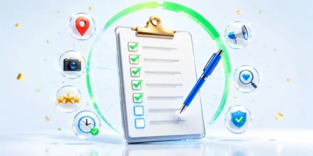 Prancheta 3D com checklist de otimização do Google Meu Negócio parcialmente concluído, cercada por ícones de localização, fotos, avaliações, horários e verificação