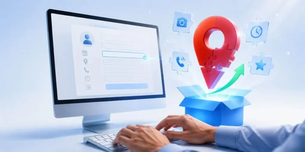 Tela de computador exibindo formulário de criação de perfil do Google Meu Negócio com pin de localização sendo montado do zero passo a passo