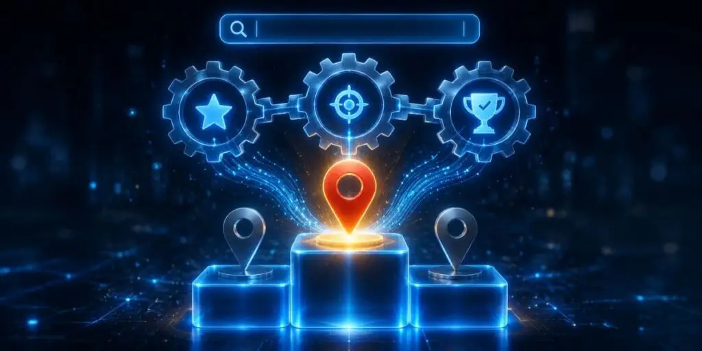 Pódio de ranking com pin de localização do Google no topo e engrenagens representando os fatores de ranqueamento local: relevância, proximidade e destaque