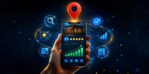 Smartphone exibindo um Perfil da Empresa no Google otimizado