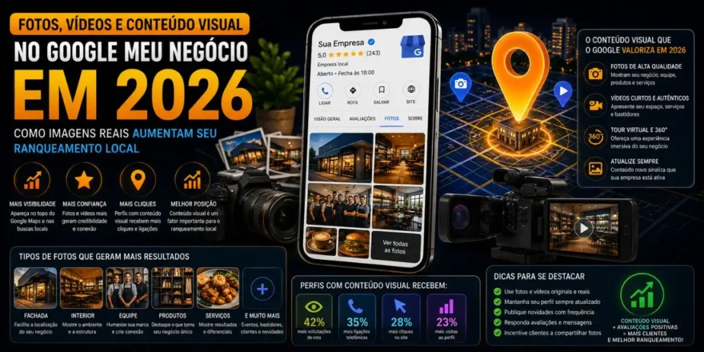 Infográfico mostrando como fotos, vídeos e conteúdo visual no Google Meu Negócio aumentam o ranqueamento local, a visibilidade no Google Maps e o engajamento dos clientes em 2026.