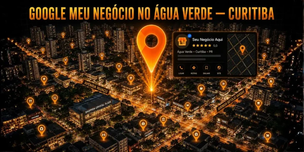 Ilustração aérea do bairro Água Verde em Curitiba à noite com a Avenida Iguaçu iluminada e pin do Google Maps em destaque representando o serviço de otimização de Google Meu Negócio para negócios locais do Água Verde