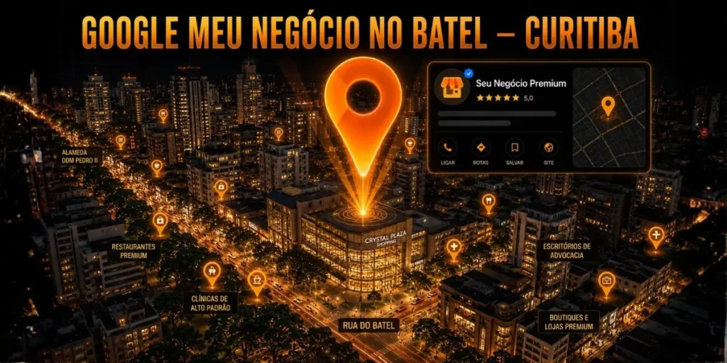 Ilustração aérea do bairro Batel em Curitiba à noite com a Rua do Batel e o Crystal Plaza em destaque e pin do Google Maps representando o serviço de otimização de Google Meu Negócio para negócios no Batel
