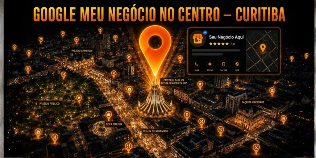 Ilustração aérea do Centro de Curitiba à noite com pin do Google Maps em destaque sobre a Catedral e a Rua XV de Novembro representando o serviço de otimização de Google Meu Negócio para negócios do Centro de Curitiba
