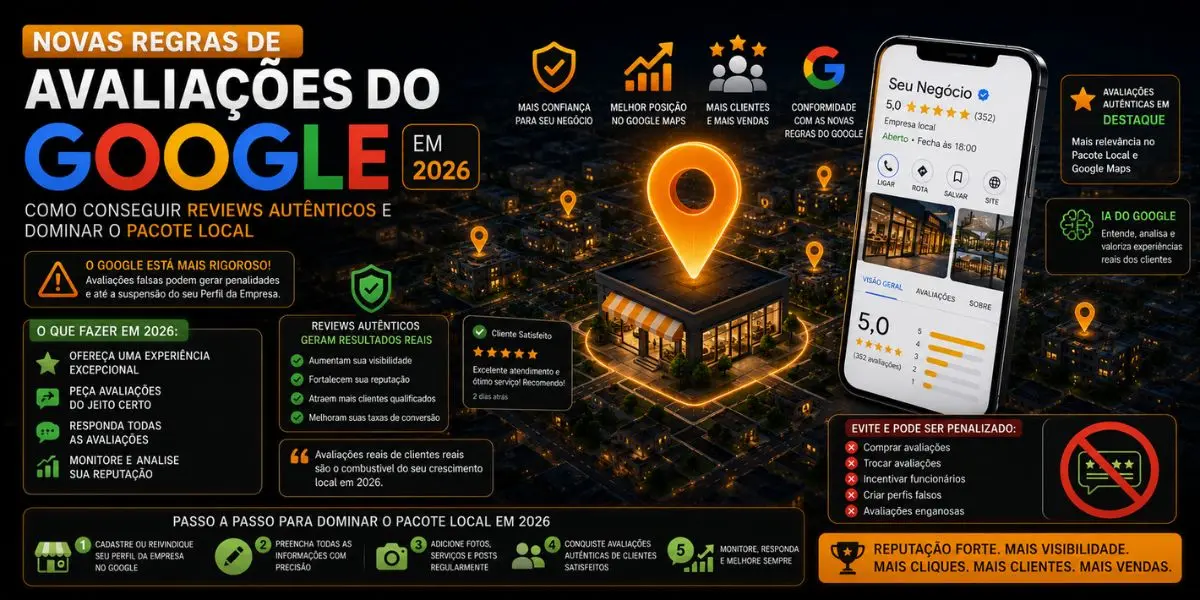Infográfico sobre as novas regras das avaliações do Google em 2026 mostrando estratégias para obter reviews autênticos, melhorar o SEO Local e aumentar a visibilidade no Google Maps.