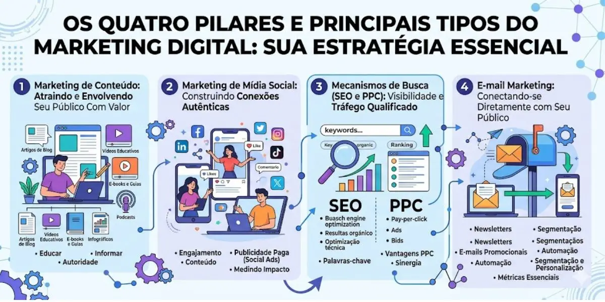 Infográfico detalhado mostrando os quatro pilares do marketing digital: Marketing de Conteúdo, Marketing de Mídia Social, Mecanismos de Busca (SEO & PPC) e E-mail Marketing. Inclui ícones para artigos, vídeos, engajamento e newsletter.