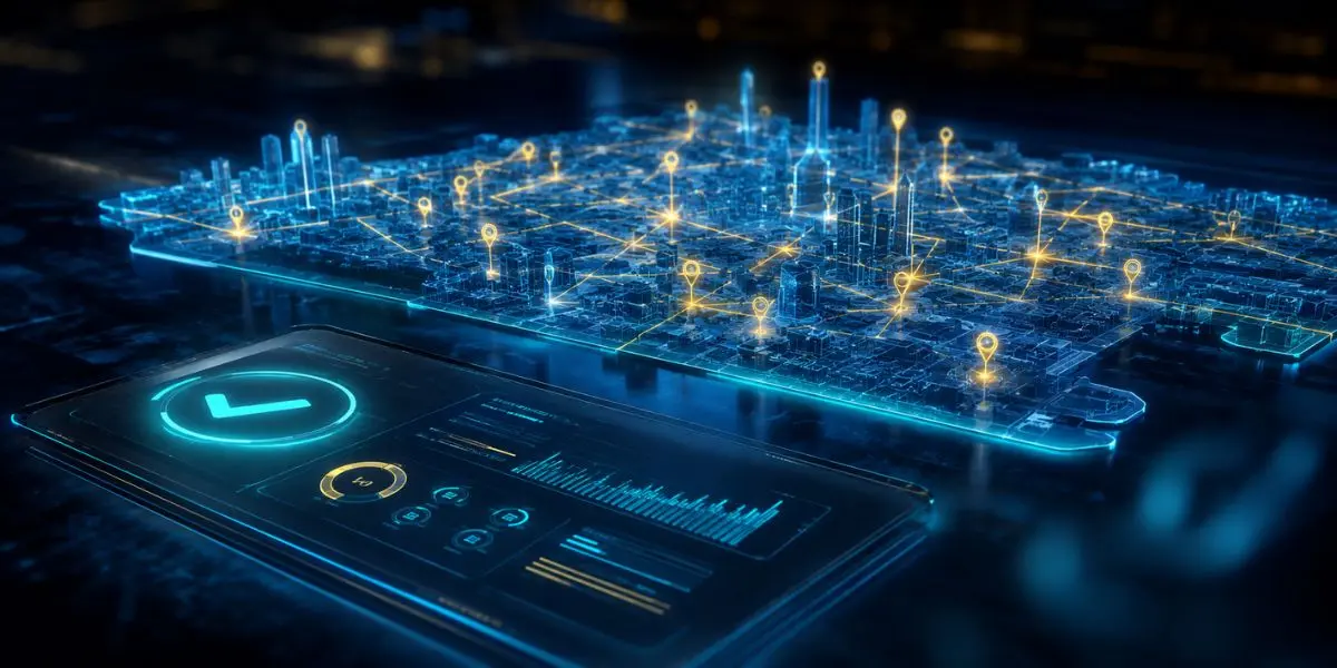 Mapa holográfico 3D representando SEO Local, consistência NAP e otimização de perfil no Google Meu Negócio.