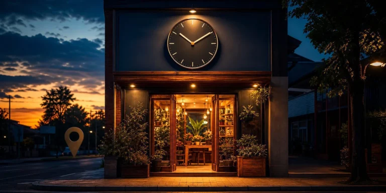 Link de Agendamento no Google Meu Negócio 5 Relógio sobre a entrada iluminada de um comércio local aberto
