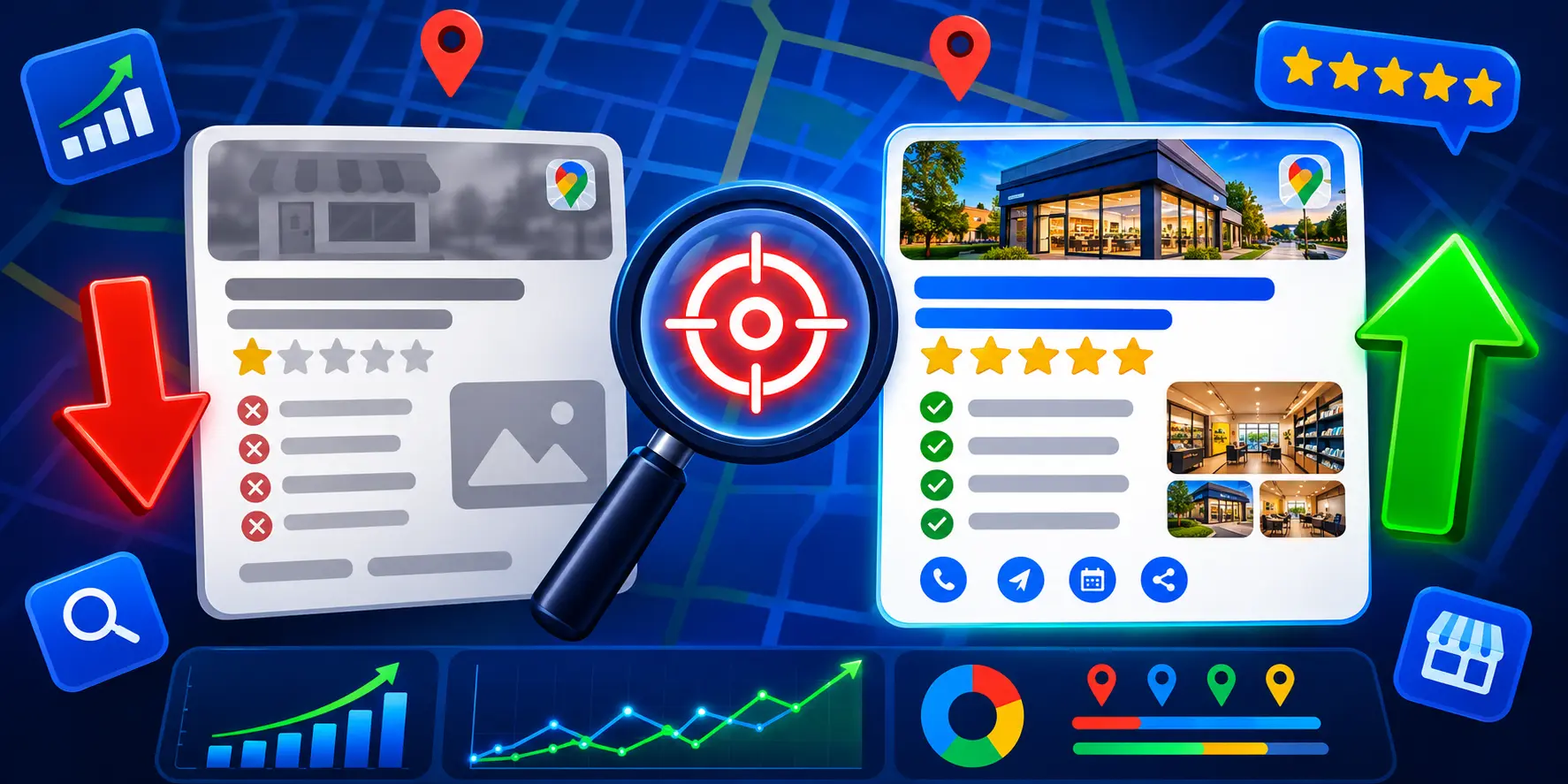 Análise de concorrente no Google Meu Negócio - comparação de perfis otimizados vs não otimizados no Google Maps