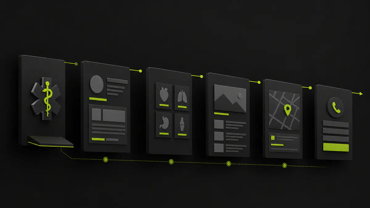 Fluxo visual da arquitetura de um site médico, da apresentação ao contato