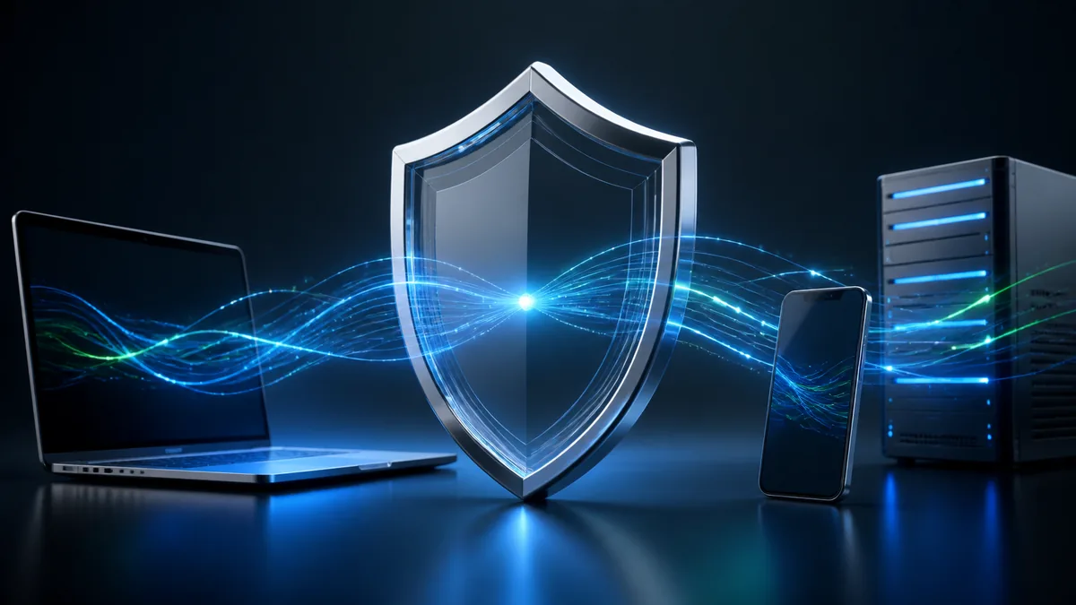 Escudo protegendo laptop, celular e servidor de um site contábil