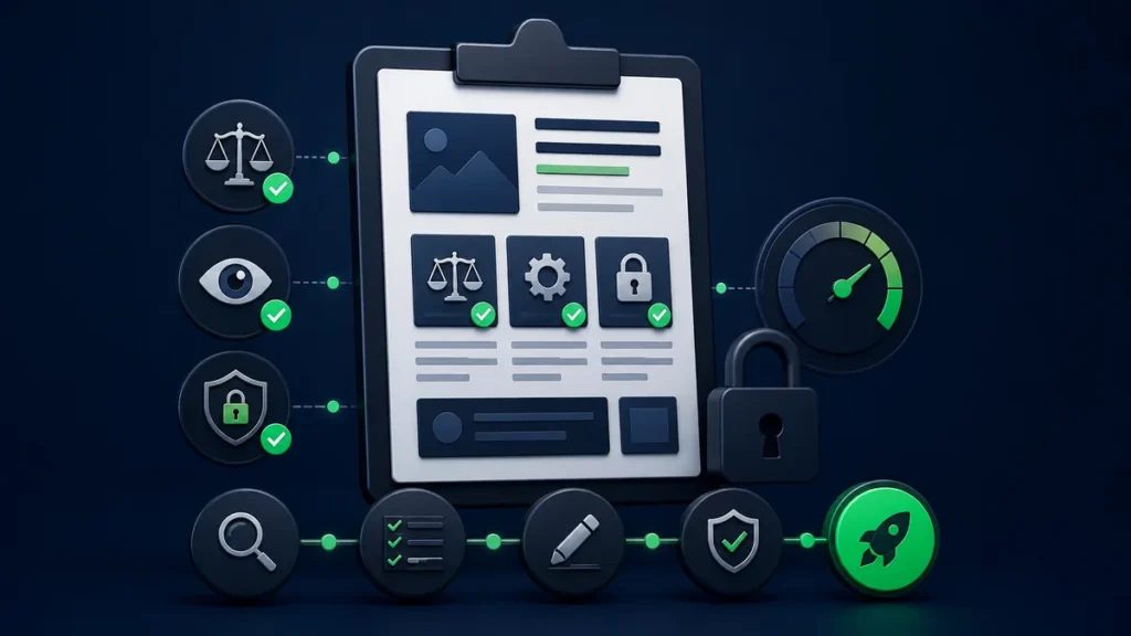 Criação de Site para Advogados: Guia Ético 3 Checklist visual de ética, acessibilidade, privacidade e desempenho para site jurídico