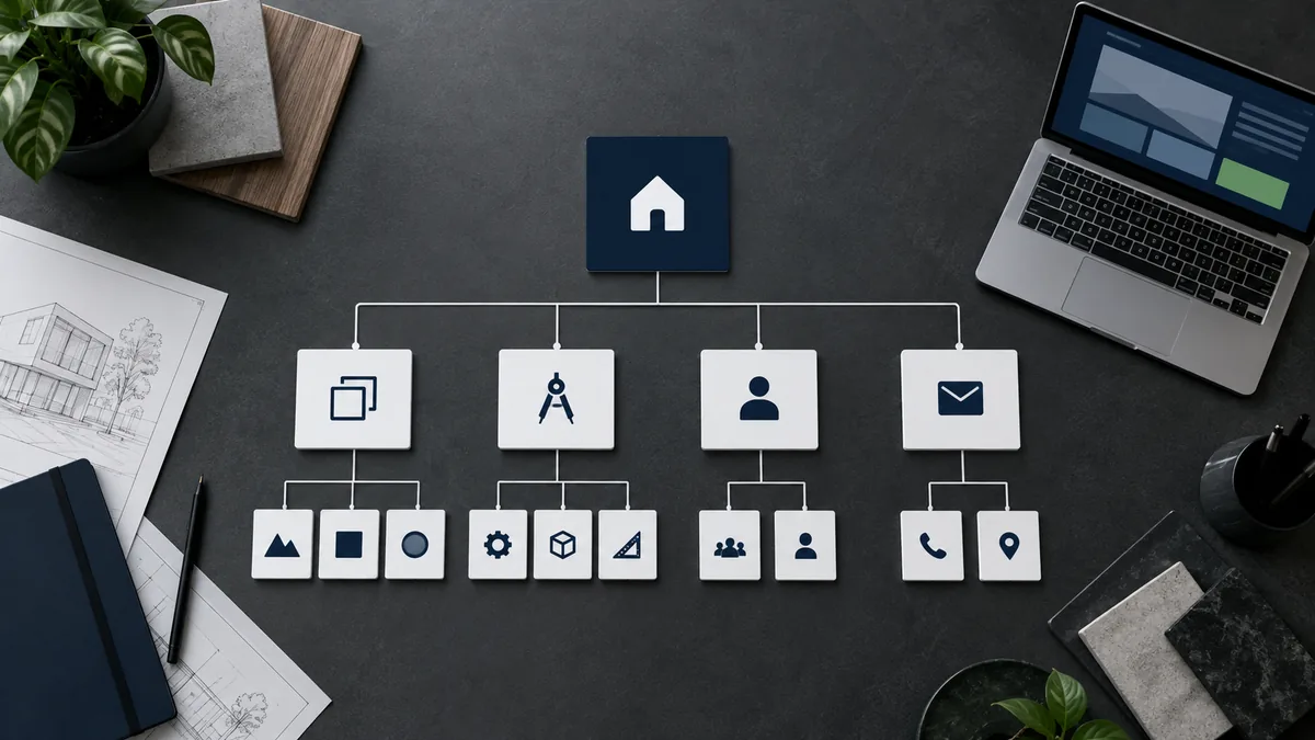Diagrama visual da arquitetura de informação de um site para arquitetos
