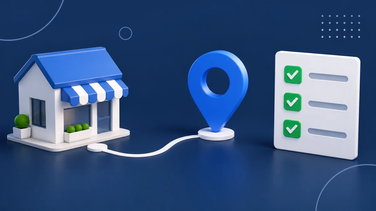 Loja genérica, pin de mapa e checklist em uma metáfora do diagnóstico local