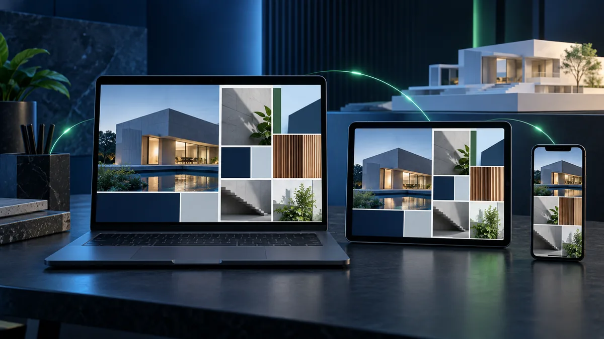 Portfólio de arquitetura responsivo em laptop, tablet e smartphone