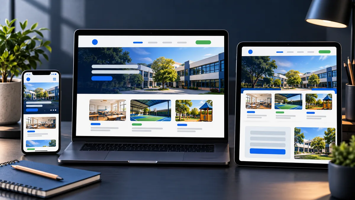 Site responsivo para escola em computador, tablet e celular