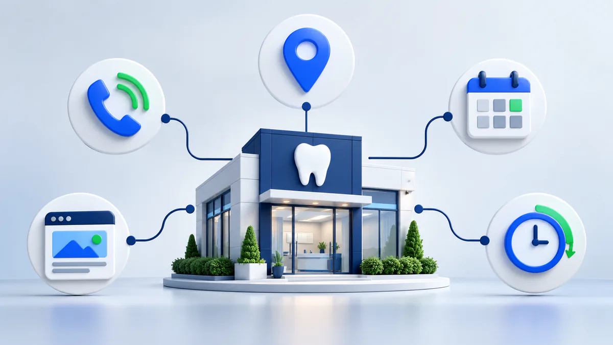 Ilustração de um perfil odontológico organizado no Google, sem marcas ou dados pessoais