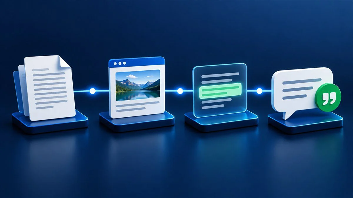 Fluxo visual entre evidência, fonte, resposta clara e citação por inteligência artificial