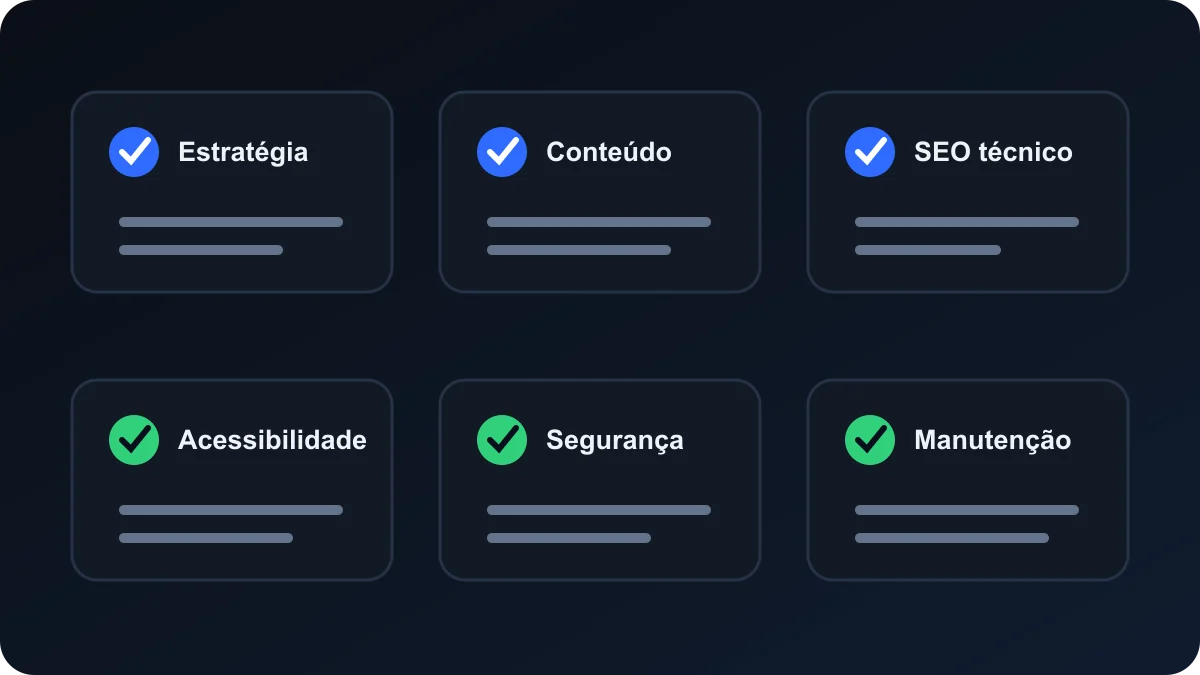 Seis controles de qualidade: estratégia, conteúdo, SEO técnico, acessibilidade, segurança e manutenção