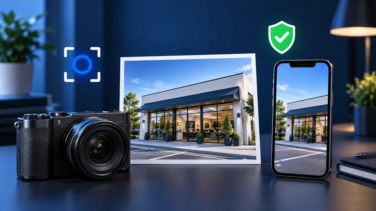 Câmera, smartphone e foto nítida de fachada representando boas práticas de mídia empresarial