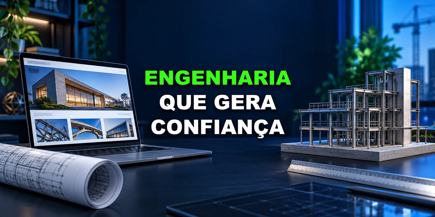 Criação de sites para engenheiros com laptop, projeto e maquete estrutural