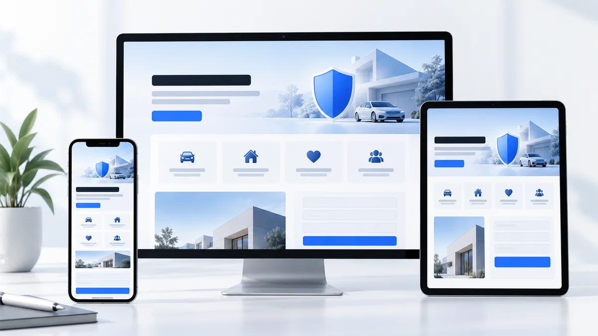 Site de corretora de seguros responsivo em desktop, tablet e celular