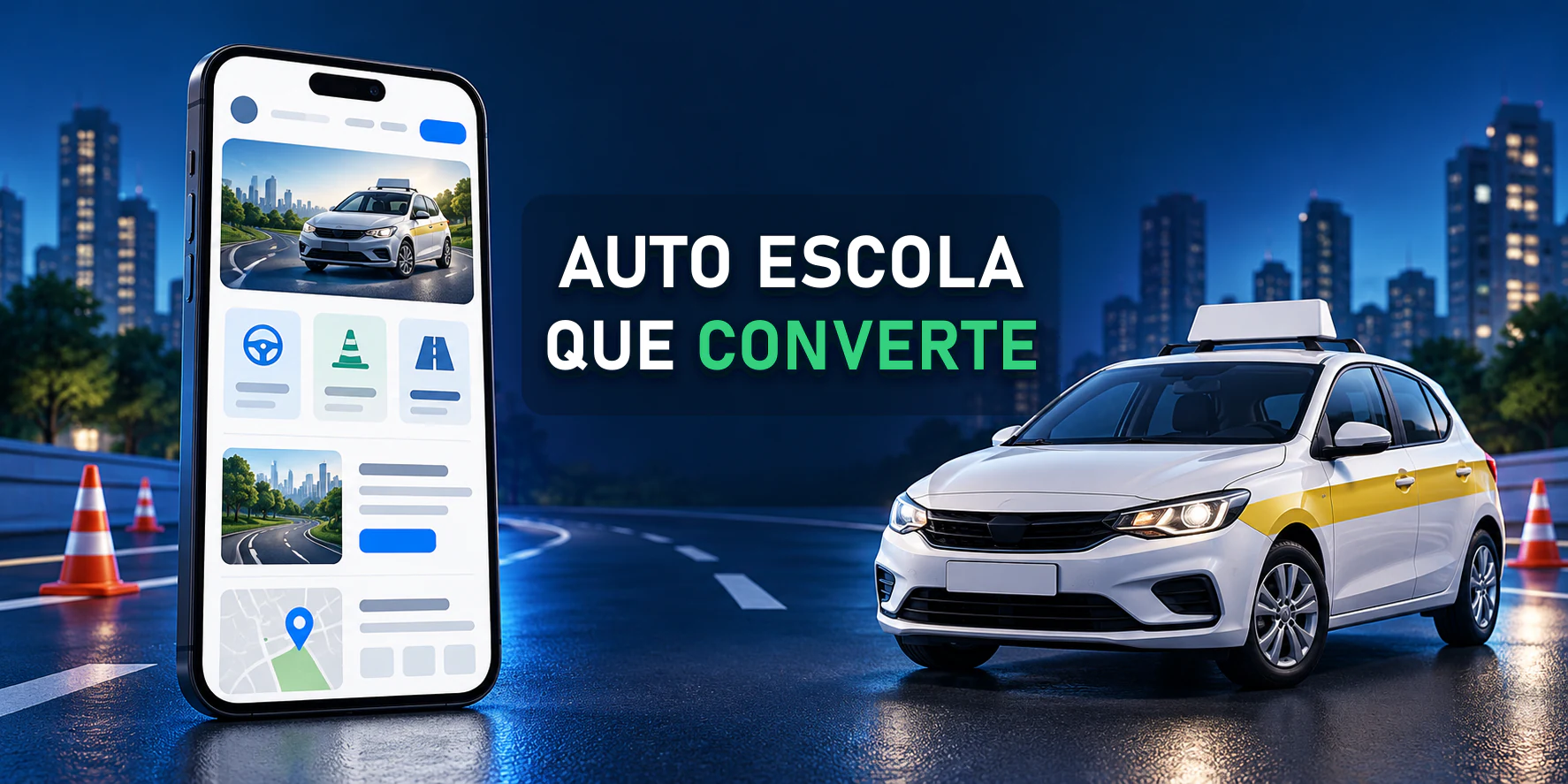 Criação de site para auto escola em smartphone ao lado de carro de CFC