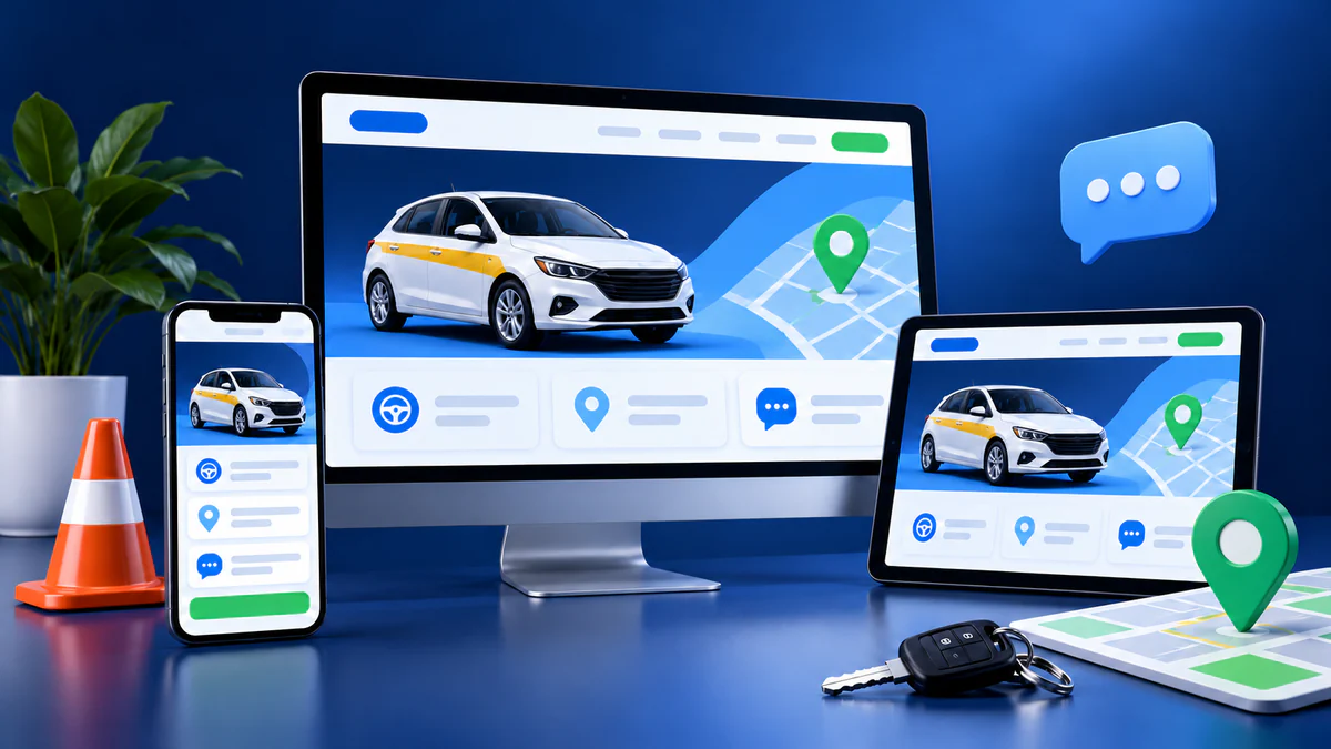 Exemplo visual de site responsivo para auto escola em computador, tablet e celular