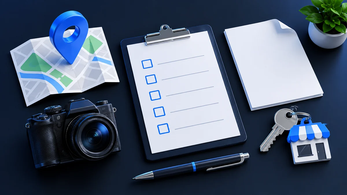 Mapa, checklist, câmera e chave para preparar a alteração de endereço no Google