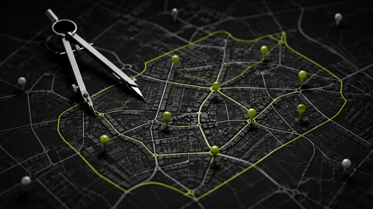 Mapa de cidade com compasso, rotas e pins dentro de uma área de atendimento coerente