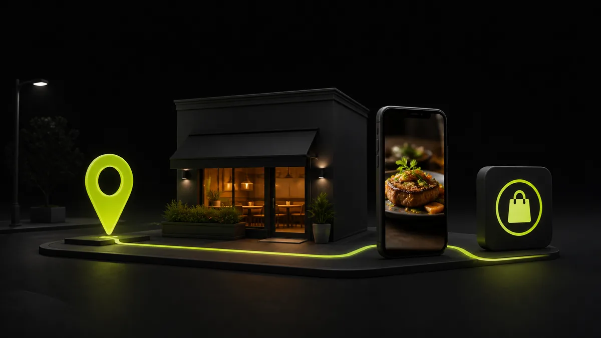 Restaurante local conectado a pin de localização, celular e canal de pedido