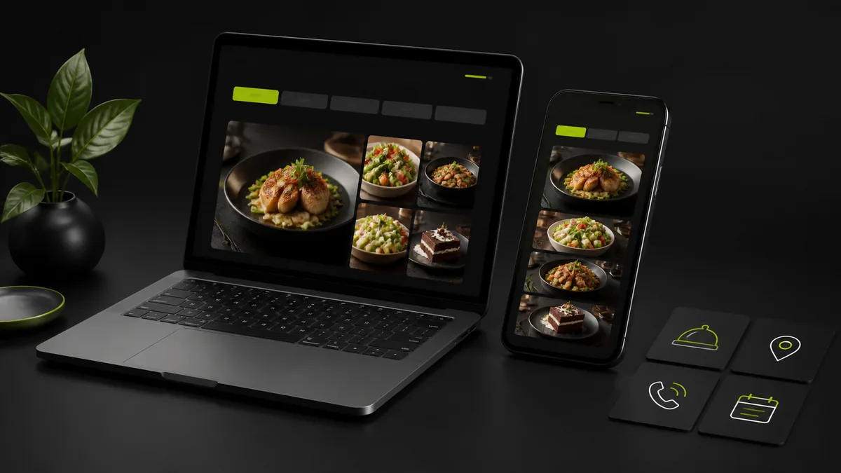 Laptop e celular exibem cardápio responsivo de restaurante com ícones de contato e localização
