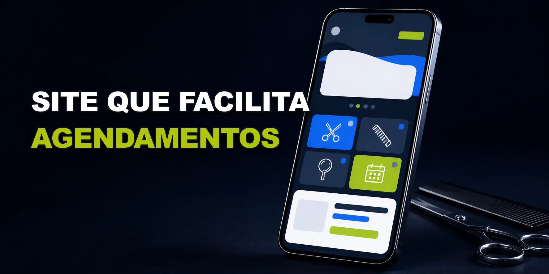 Smartphone com site de salão e chamada Site que facilita agendamentos