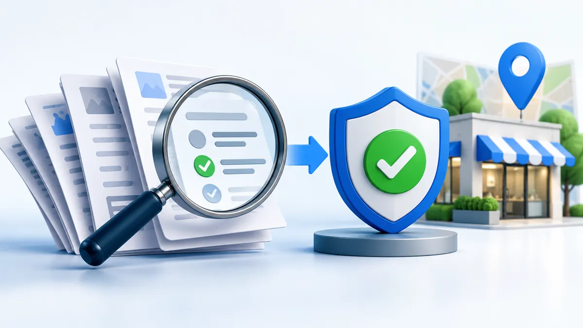 Fluxo visual de auditoria, revisão e proteção do Perfil da Empresa no Google