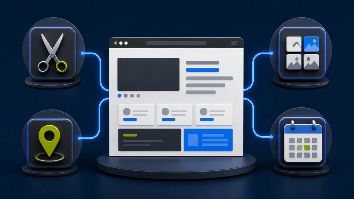 Estrutura de site de salão conectando serviços, portfólio, localização e agendamento