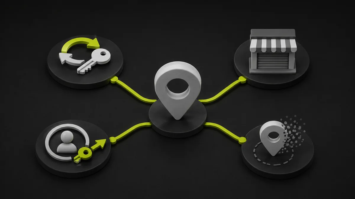 Diagrama visual com opções de acesso, encerramento, transferência e remoção de localização